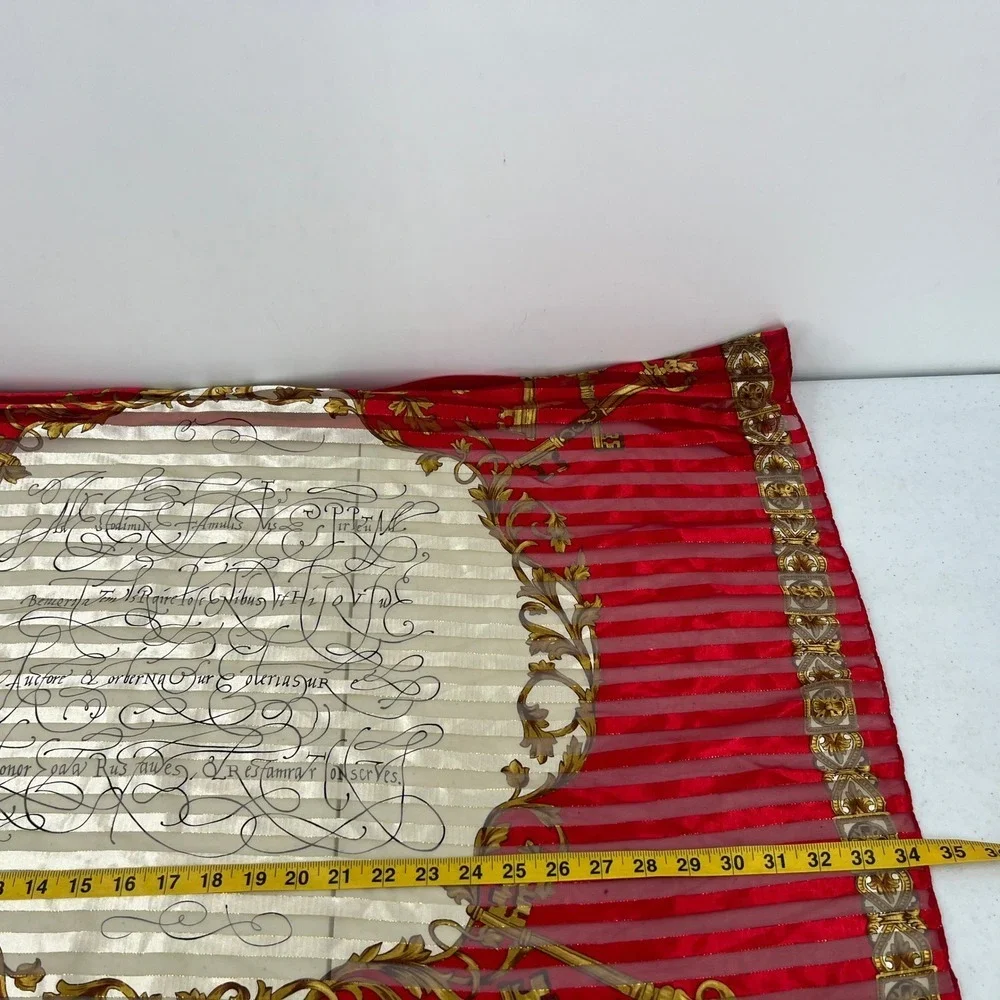 Vintage Liz Claiborne Scarf Sheer Stripe Red Gold Skeleton Keys Script Baroque